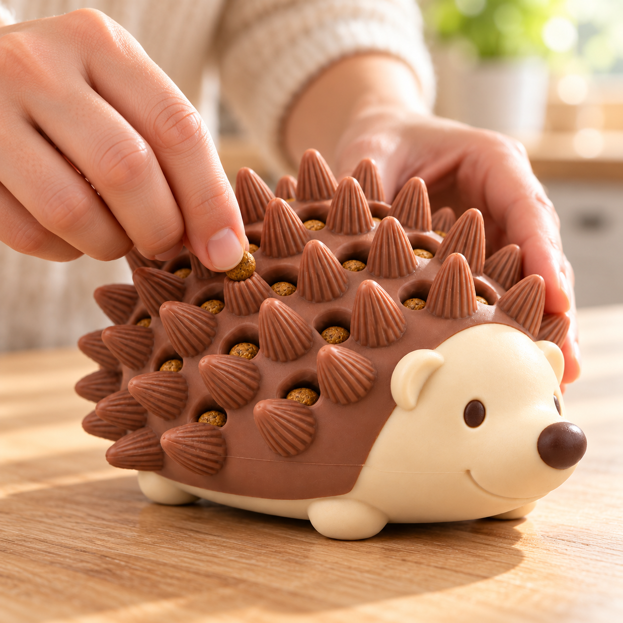 A person's hands pressing kibble into the treat holes of the hedgehog dog toy