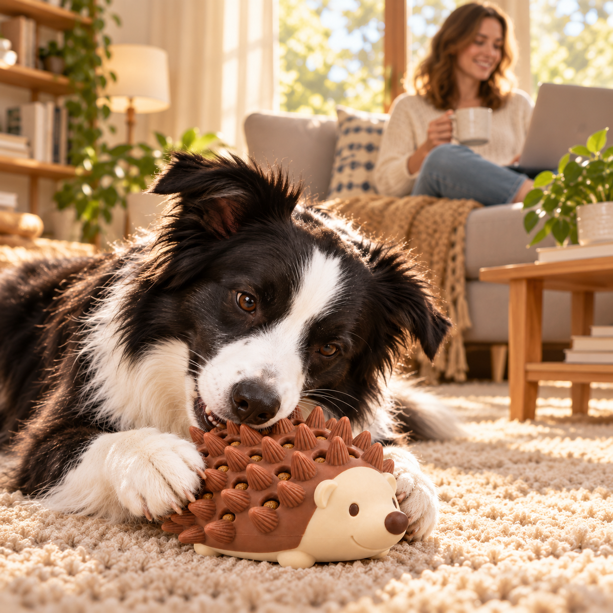 A border collie relaxed and content on a rug with the hedgehog dog toy, in a cozy living room