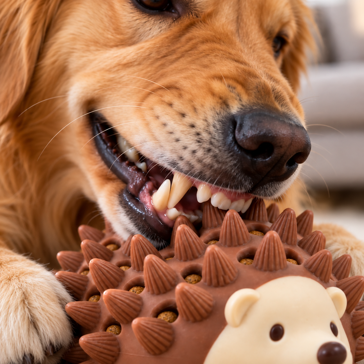 A golden retriever gently biting Rizzo, showing the teeth meeting the ridged spikes