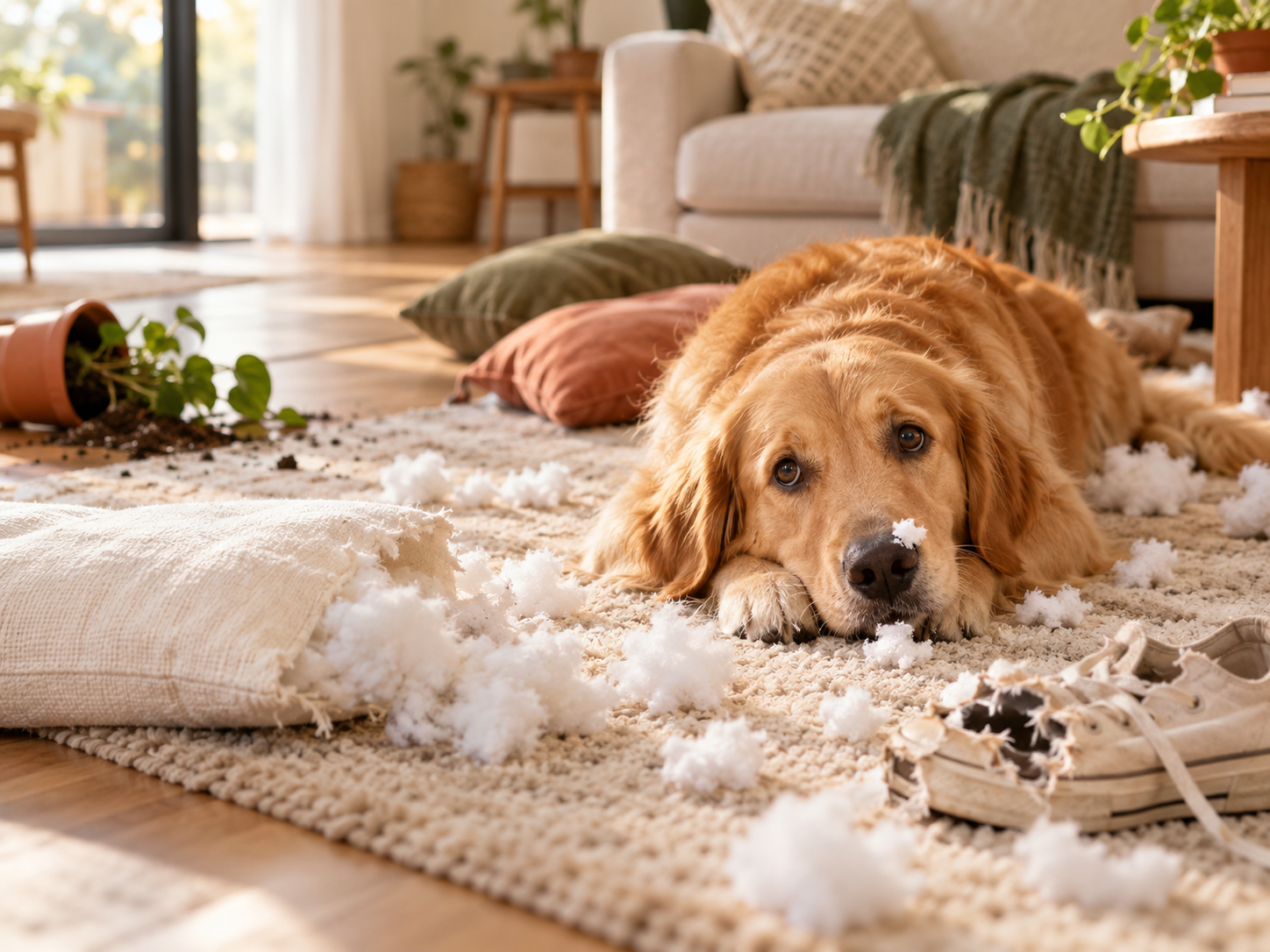 A guilty golden retriever lying amid shredded cushions and torn stuffing on a living room rug