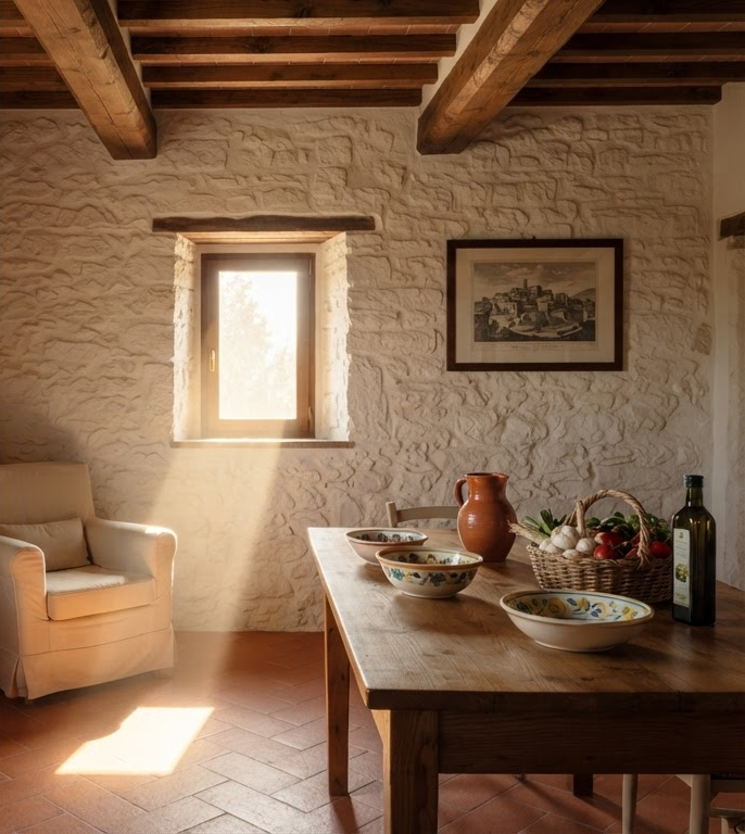 Soggiorno in una casa rurale italiana restaurata con pavimento in cotto toscano, soffitti ad arco in legno e arredi in stile country