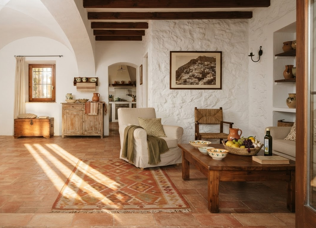 Interno di una dimora storica italiana restaurata: muri in pietra a vista, travi in legno, arredi in terracotta e luce calda del pomeriggio