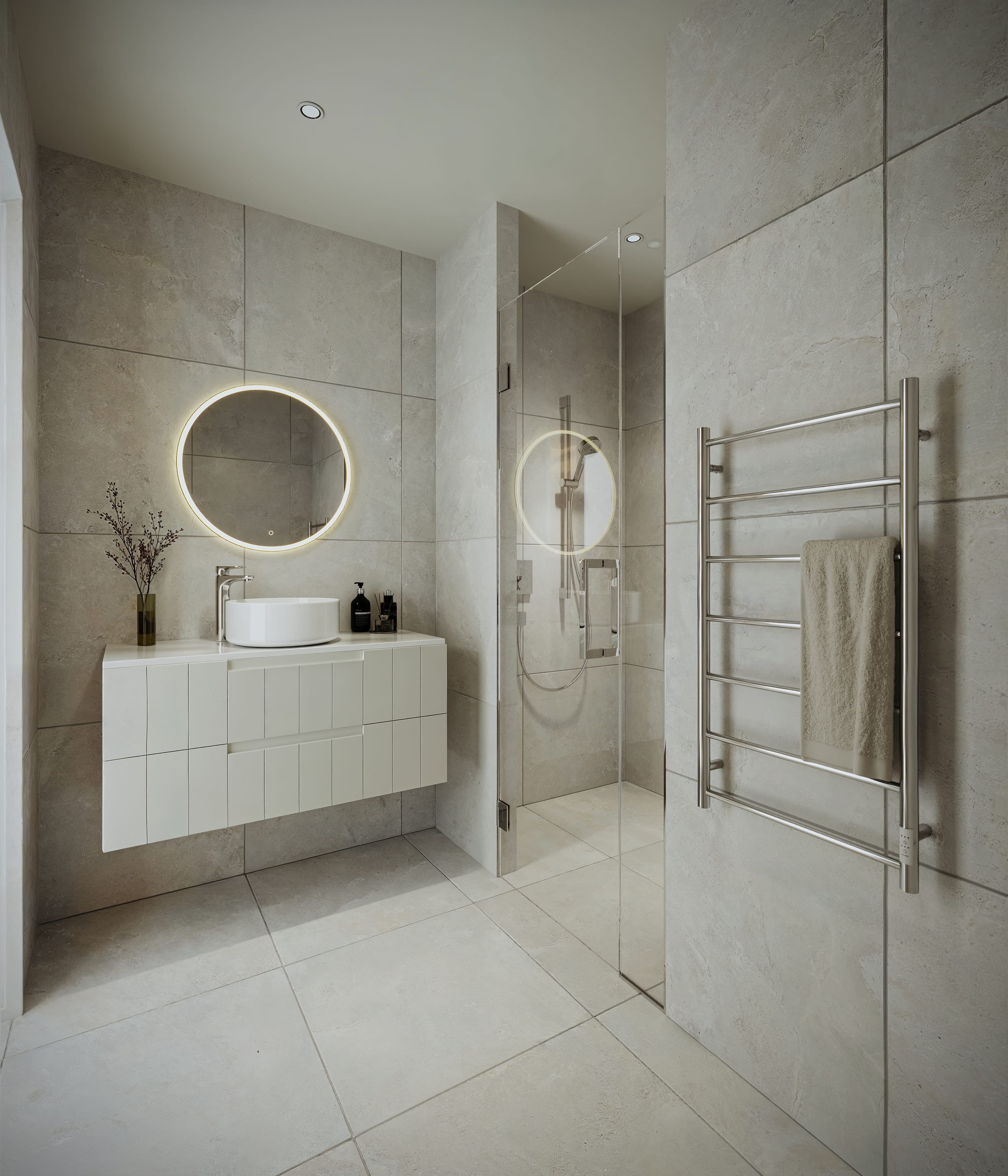 Artist's impression of a Seaside Place bathroom with a floating white vanity, round backlit mirror, fully tiled walk-in shower, heated towel rail and large format stone-look wall and floor tiles