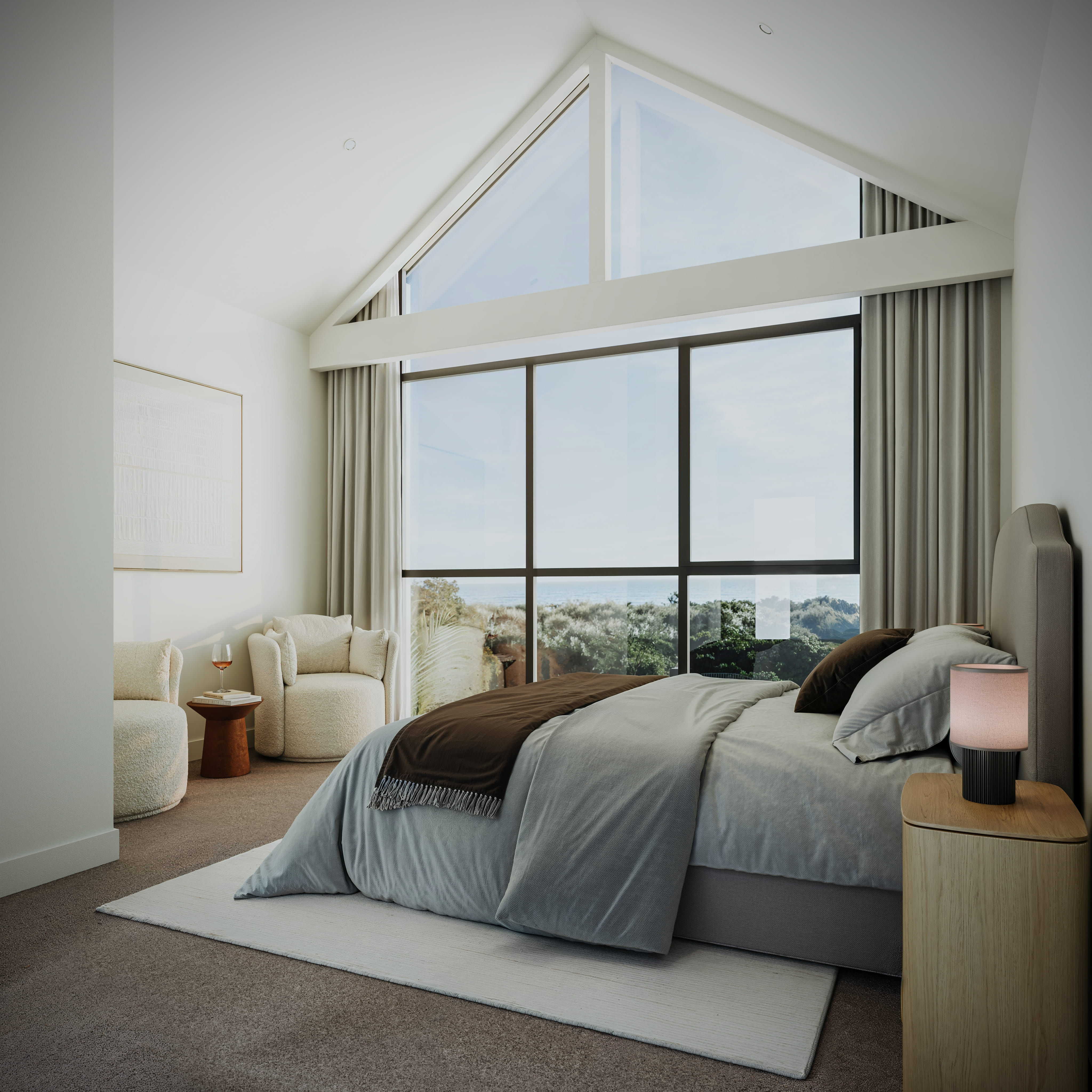 Artist's impression of a Seaside Place bedroom with a gabled window, neutral linens, a brown throw and views to the coast beyond the townhouse