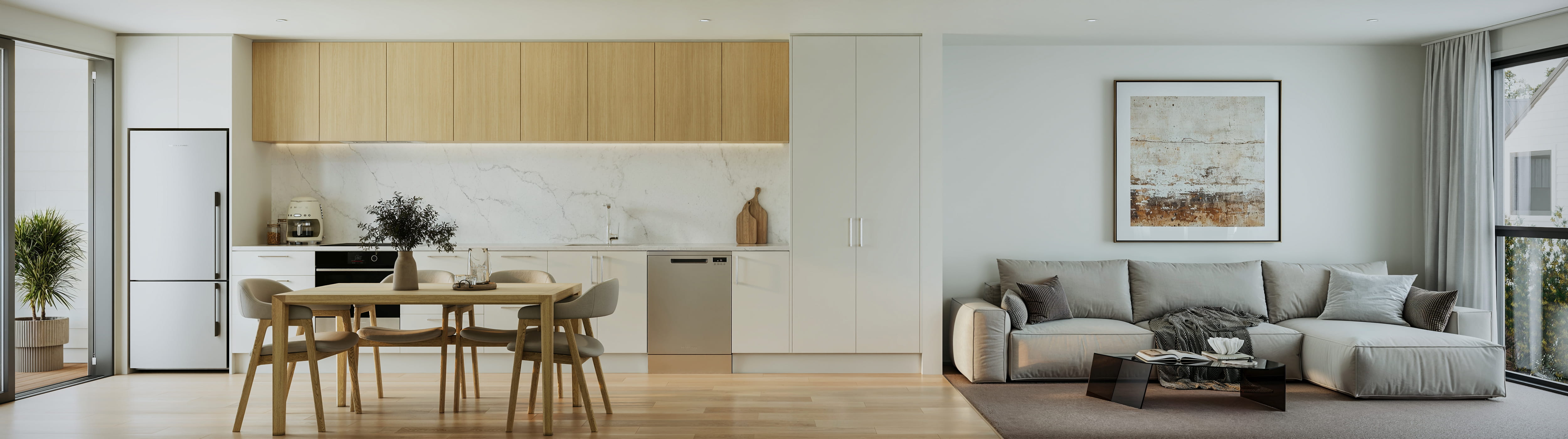 Artist's impression of the Seaside Place open-plan kitchen, dining and living area, with timber upper cabinetry, marble splashback, light oak flooring and sliding doors to a private outdoor area