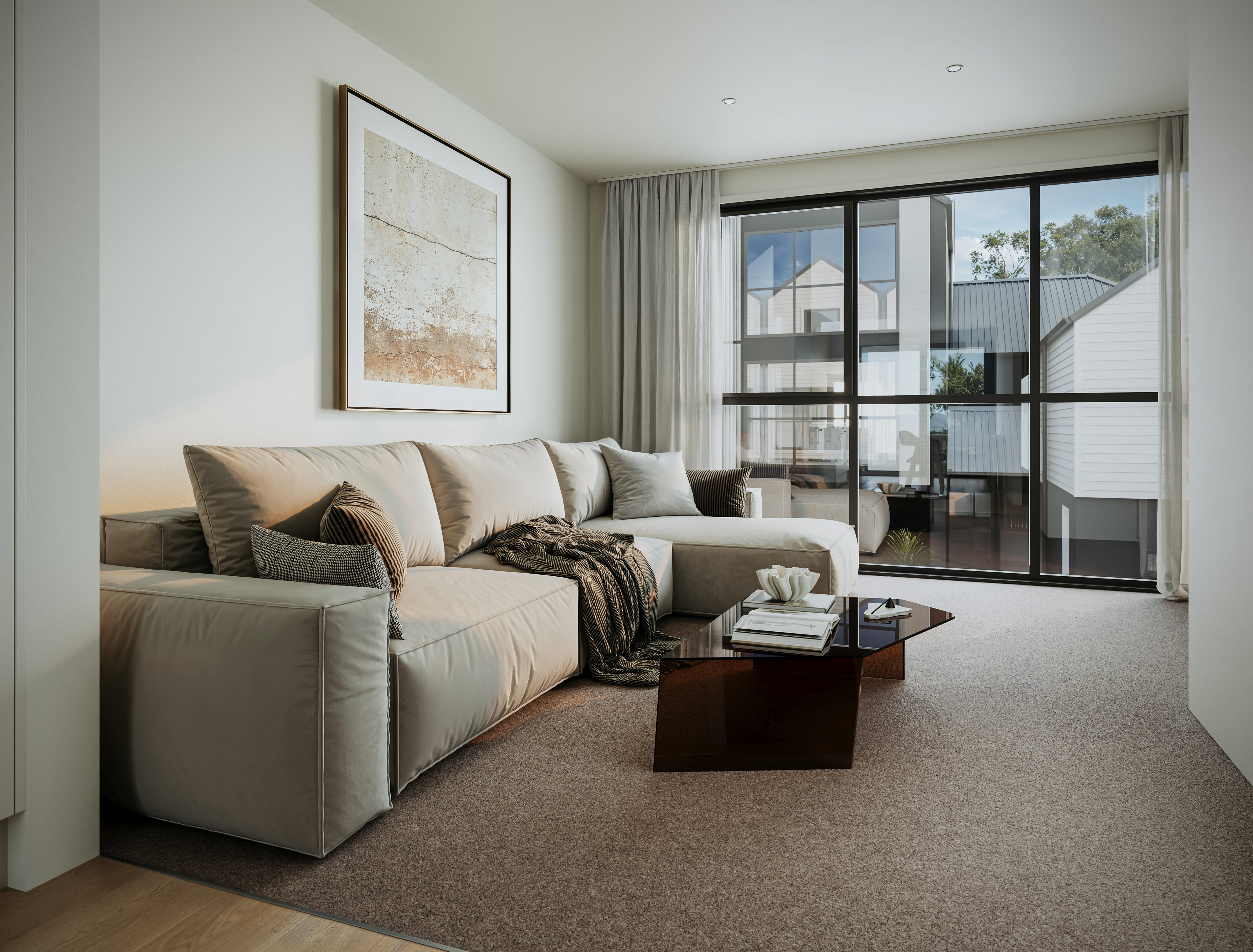 Artist's impression of a Seaside Place living room with a large modular sofa in soft neutral tones, a contemporary glass coffee table and floor-to-ceiling windows with a townhouse outlook