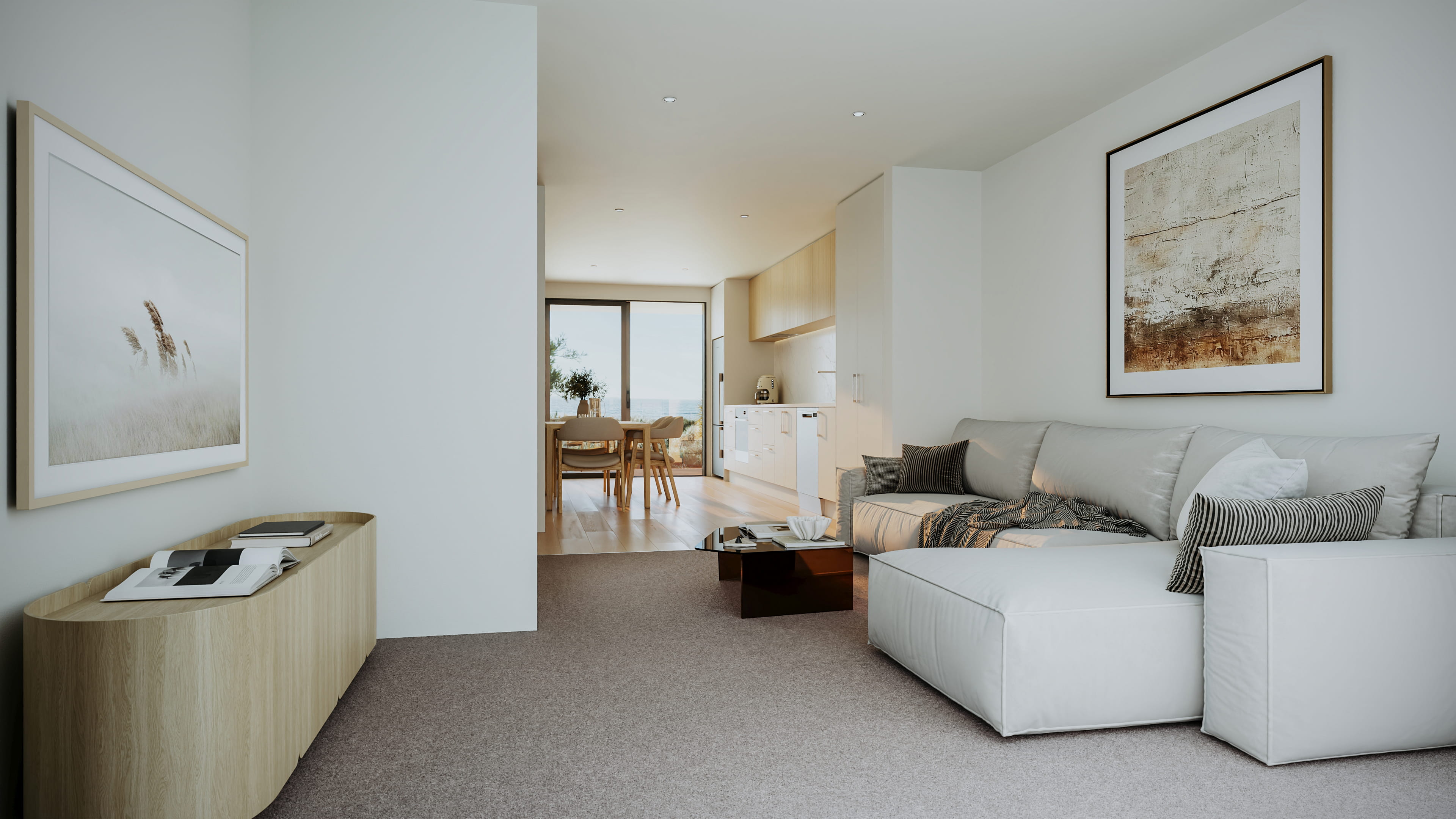 Artist's impression of a Seaside Place living and dining area with a soft neutral palette, large framed artwork, oak sideboard and sliding doors to a private outdoor area