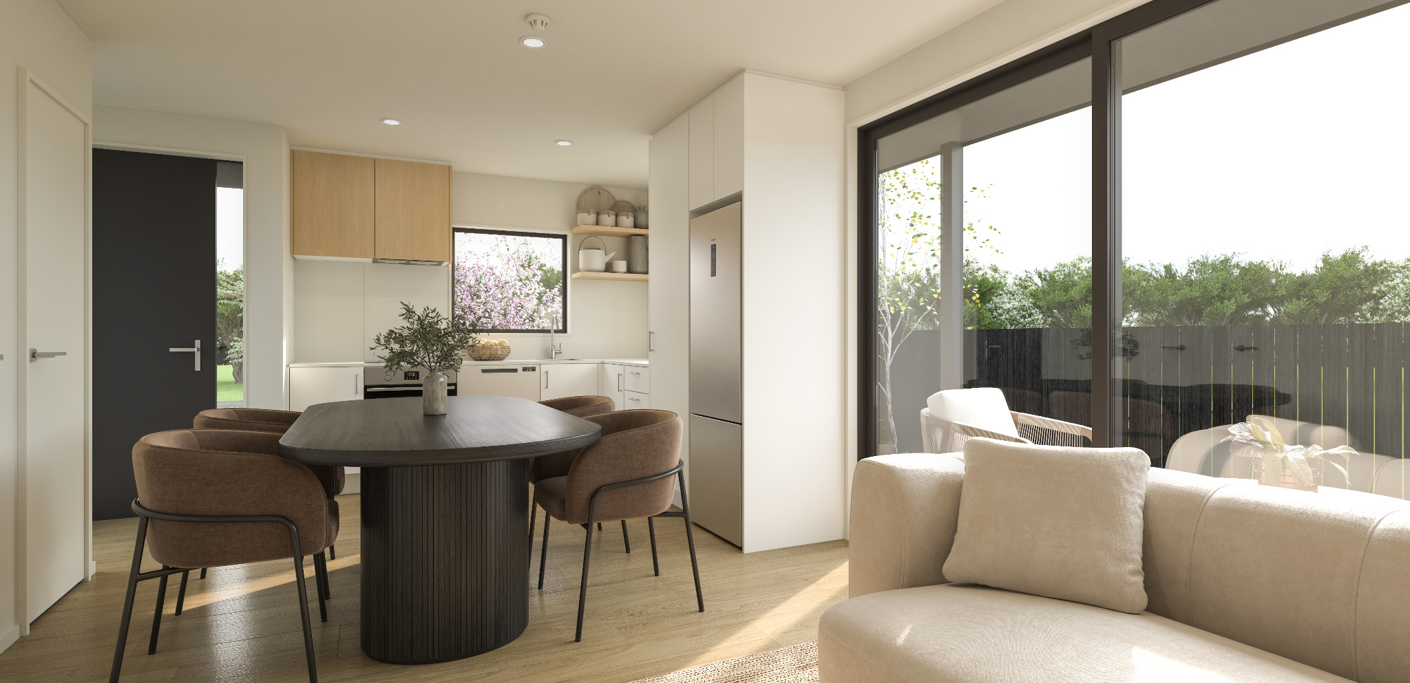 Light-filled kitchen and living area of a 63 Barton Street townhouse