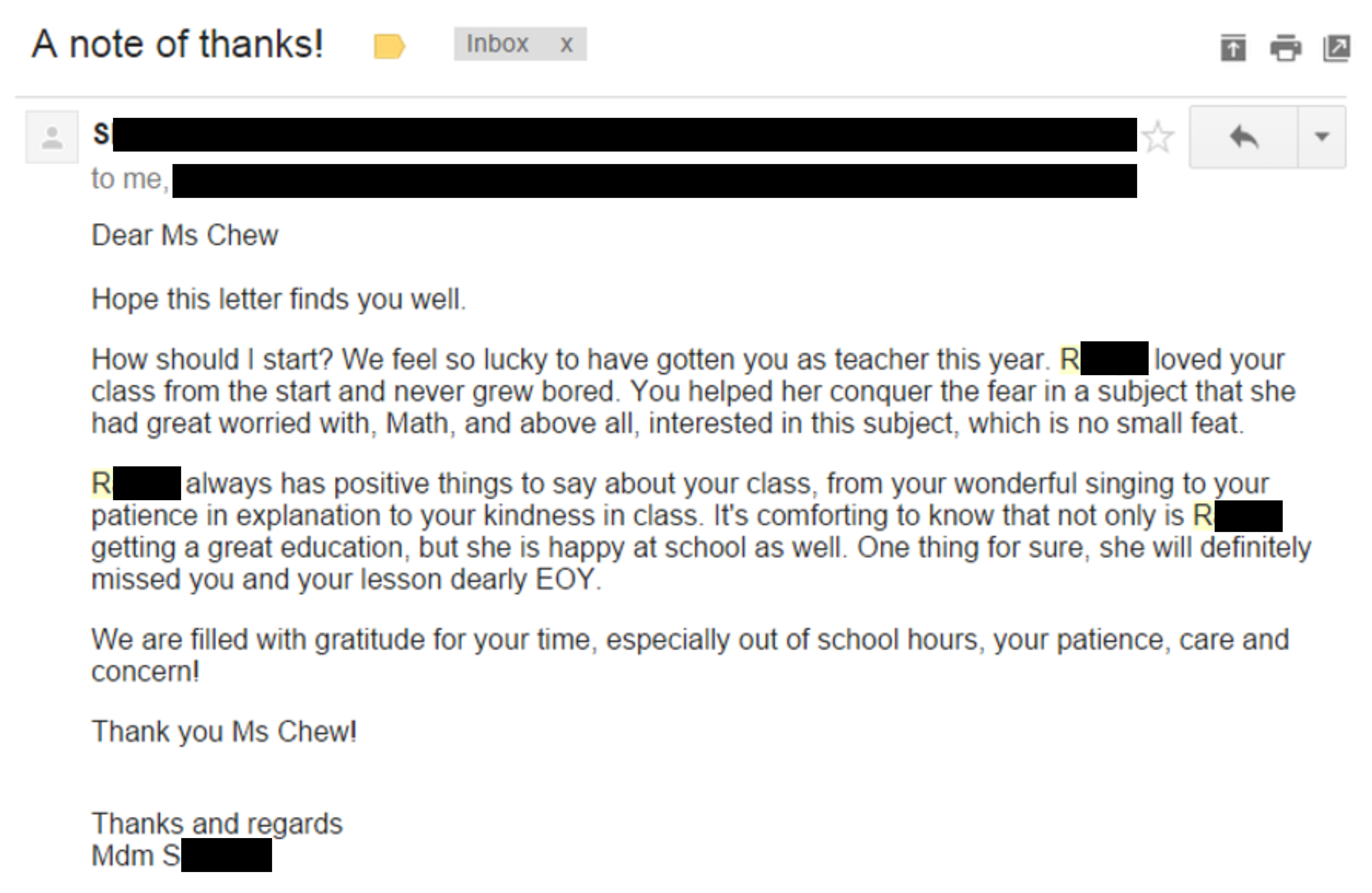 Parent feedback letter about Ms Tabby's dedication