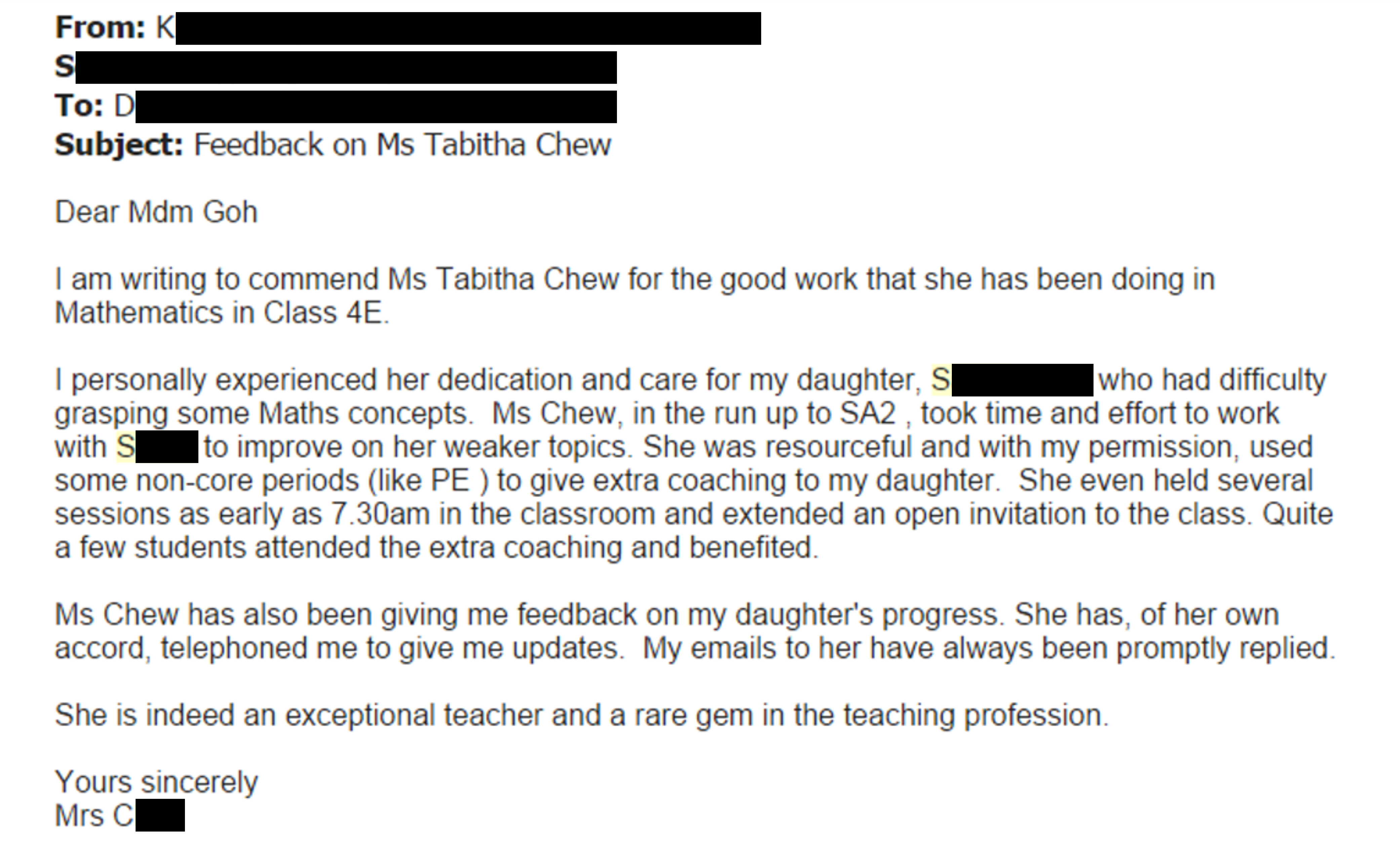 Email of thanks from a parent regarding student progress