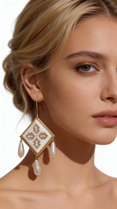 Discover the FOKLORE collection: Unique embroidered handmade jewelry, decorated with geometric motifs from the Greek tradition by Aikaterini Chalkiadaki, Greek Jewelry Designer.