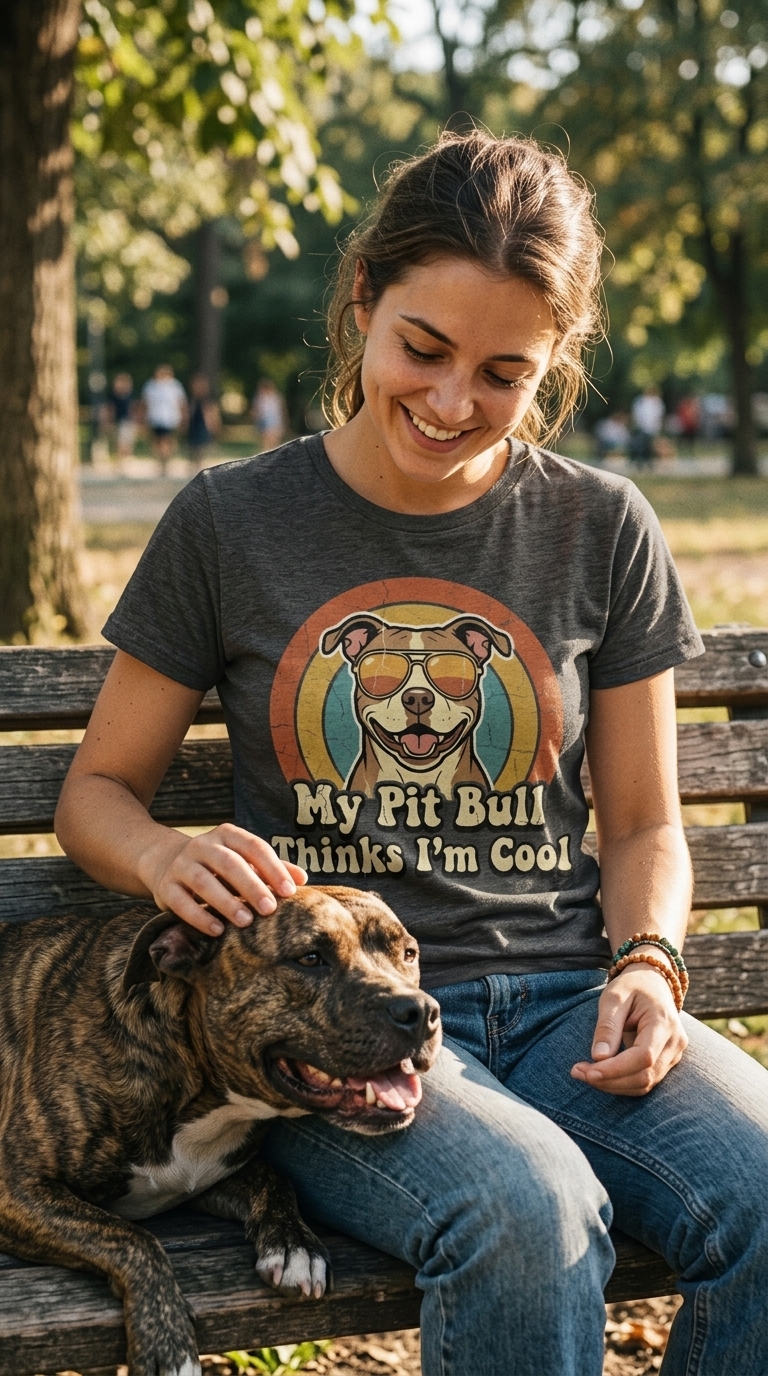 Woman petting a brindle Pit Bull while wearing the vintage tee