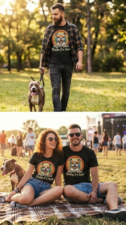 People and their Pit Bulls wearing the 'My Pit Bull Thinks I'm Cool' vintage t-shirt
