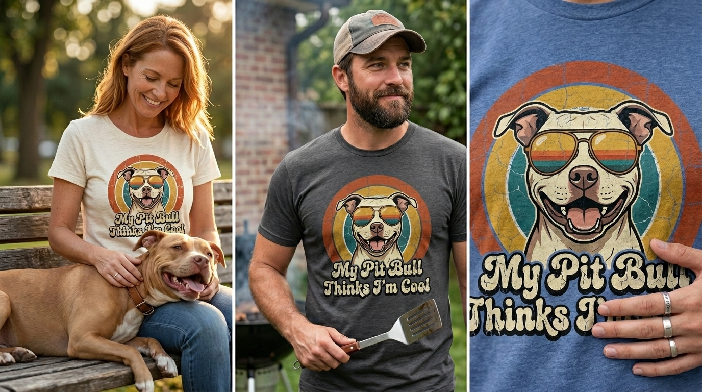 Variety of people wearing the Pit Bull shirt in different settings