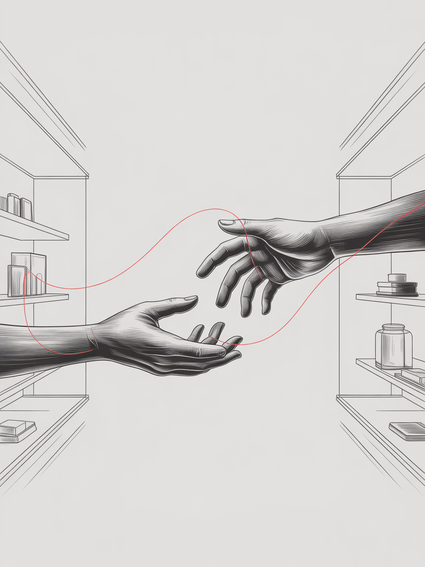 Two hands reaching with a red thread connection