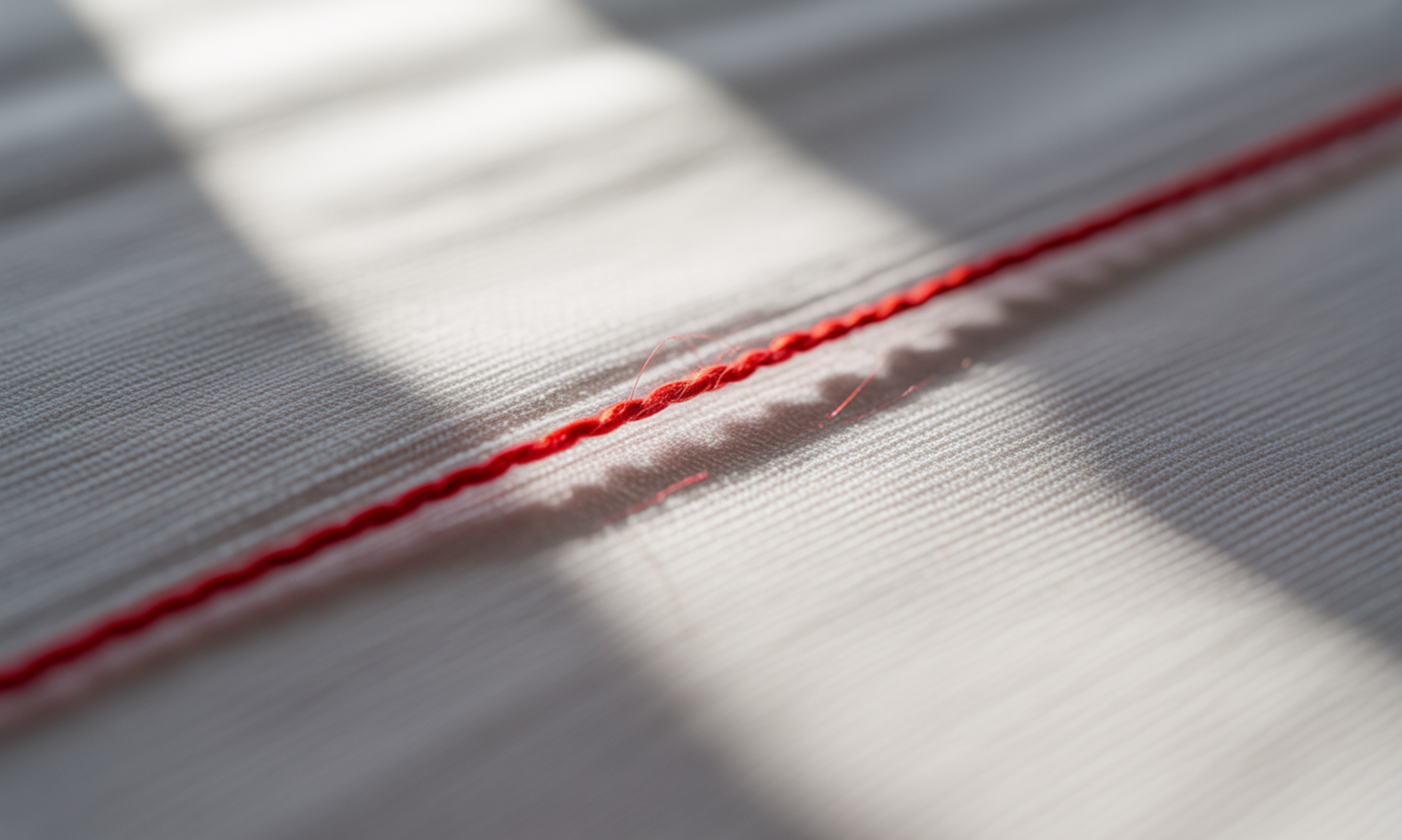 A single red thread on white textured fabric
