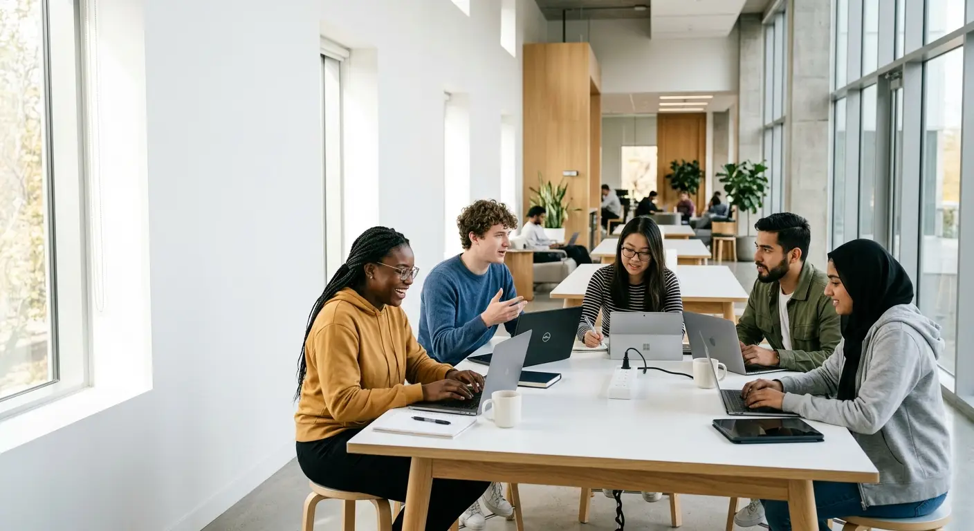 Students collaborating on tech