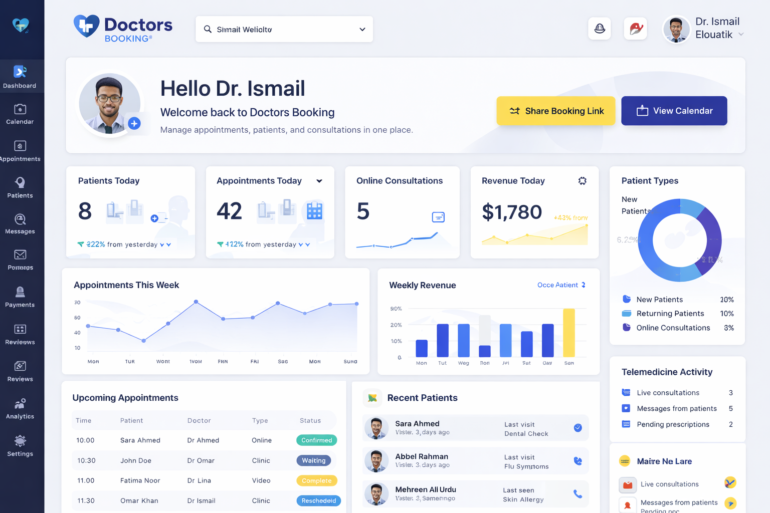 Doctors Booking Dashboard Interface