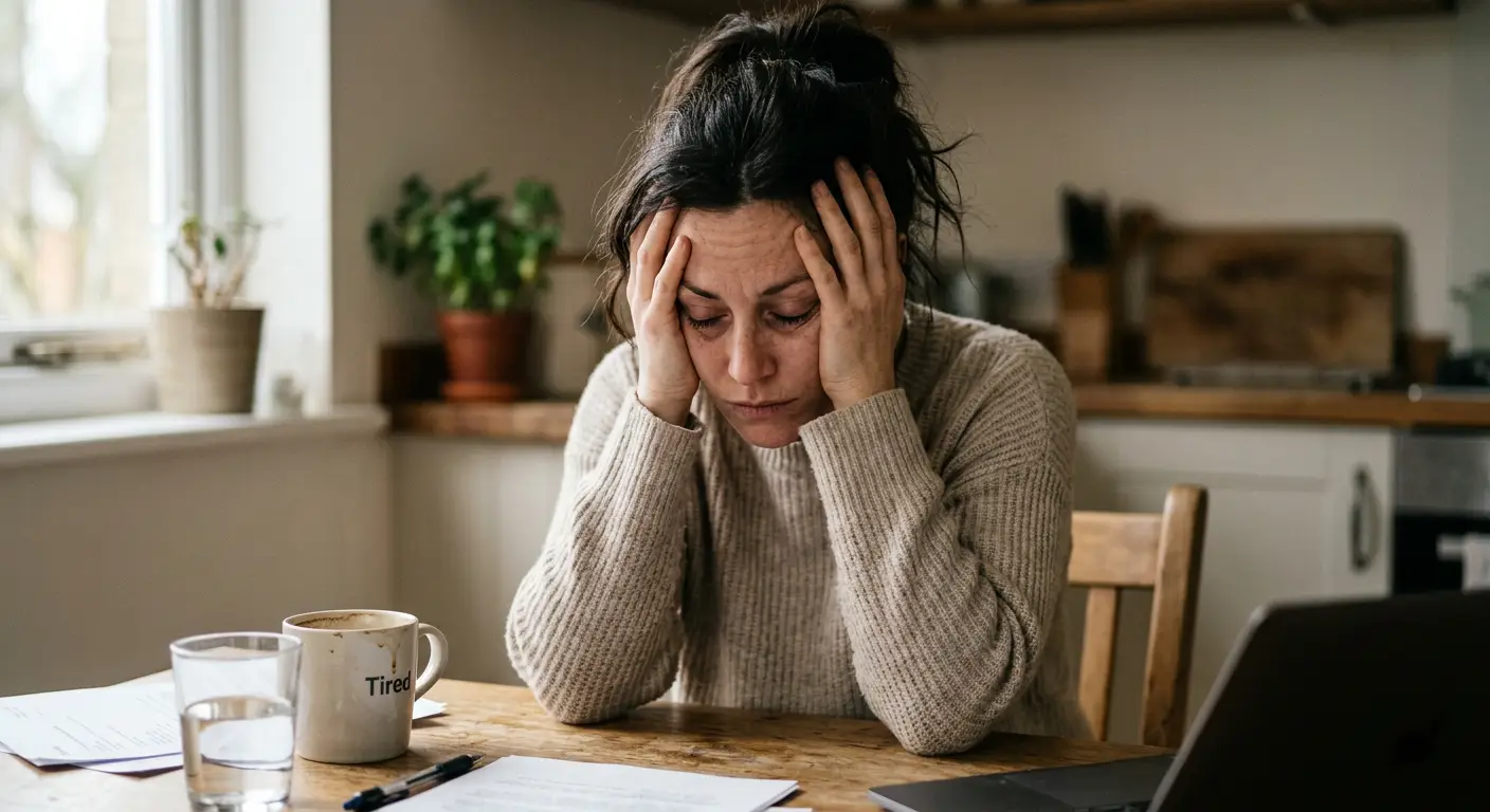 Woman looking exhausted and overwhelmed by stress