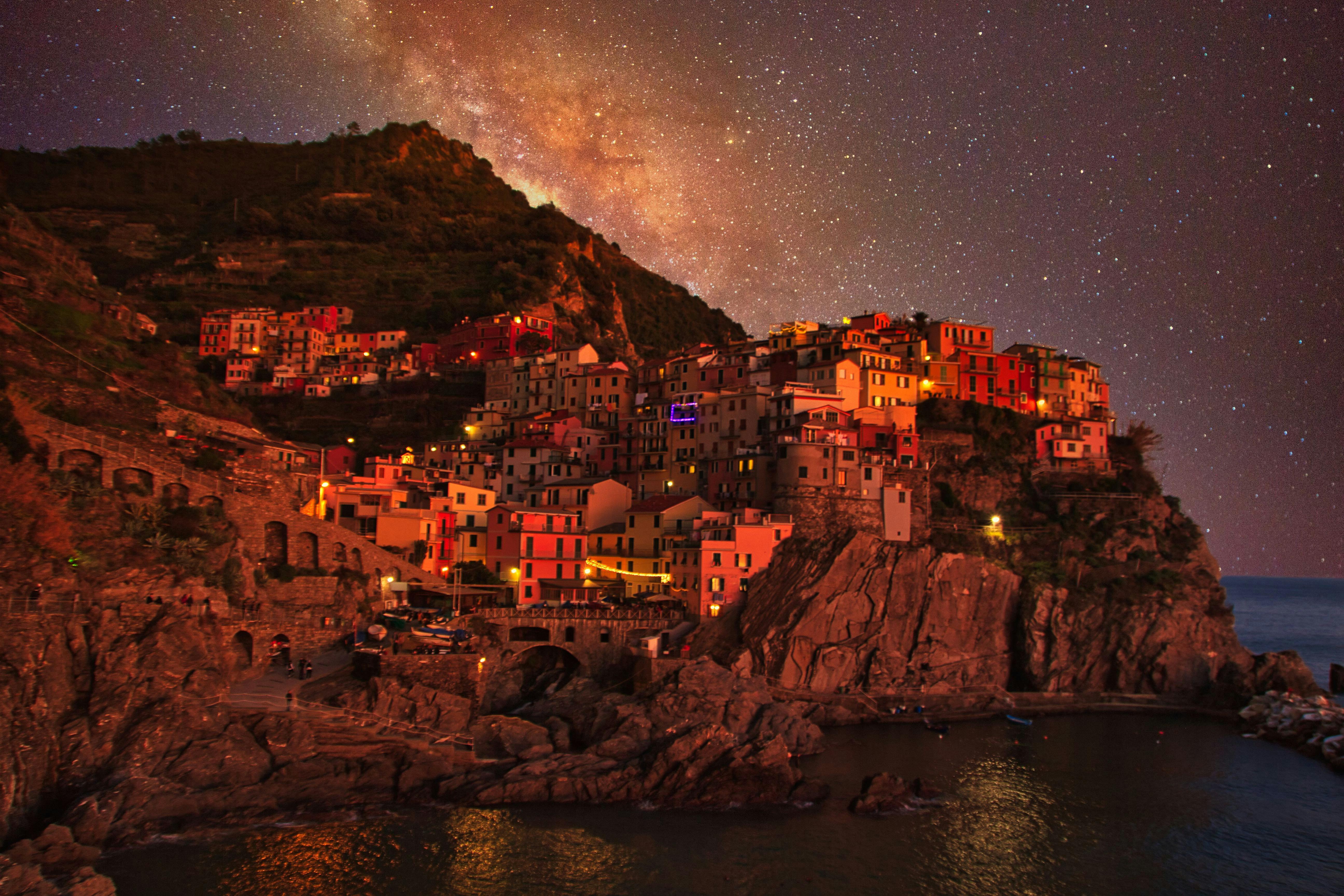 Coastal town at night under a starry sky