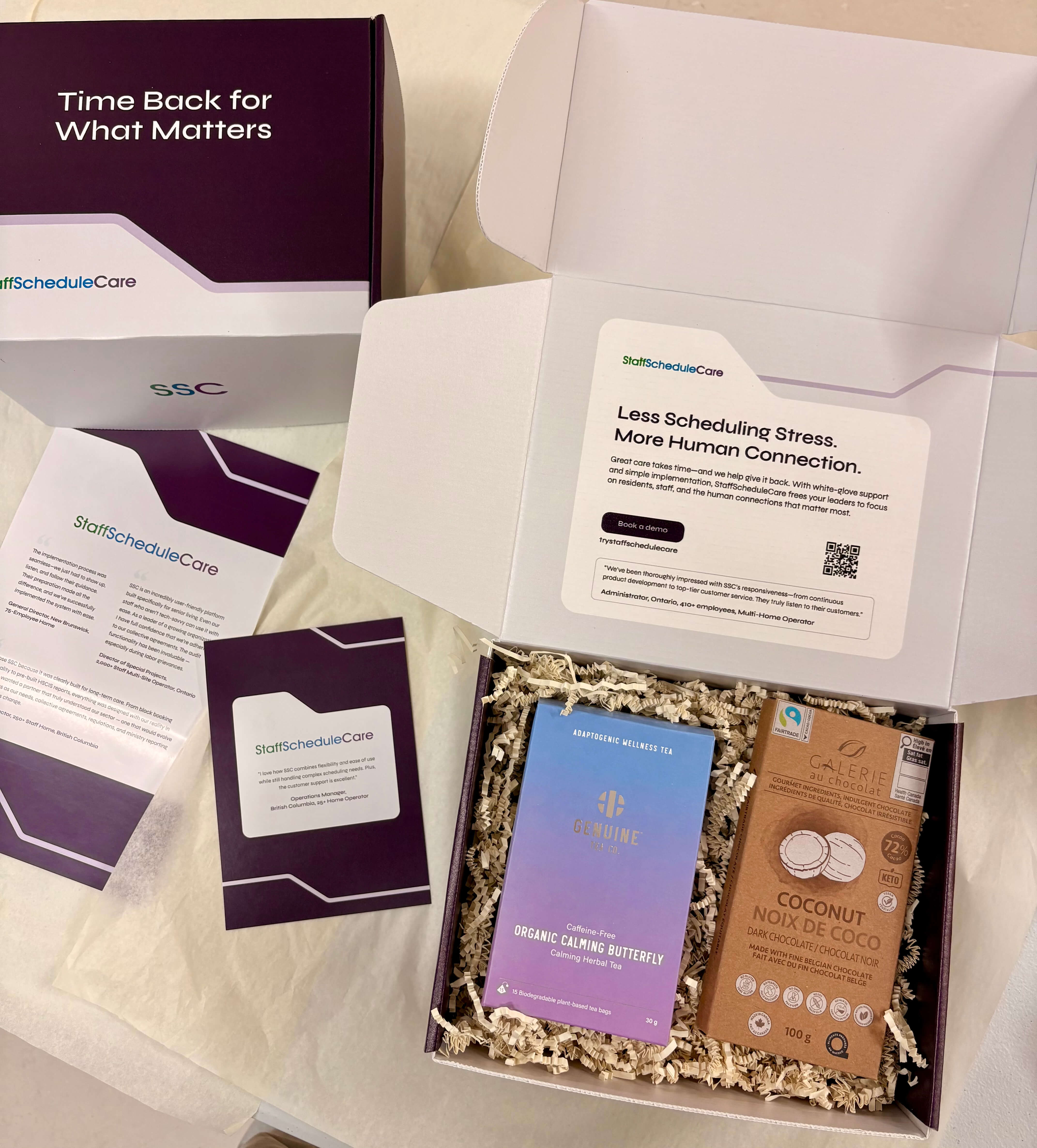 StaffScheduleCare welcome box with tea and chocolate