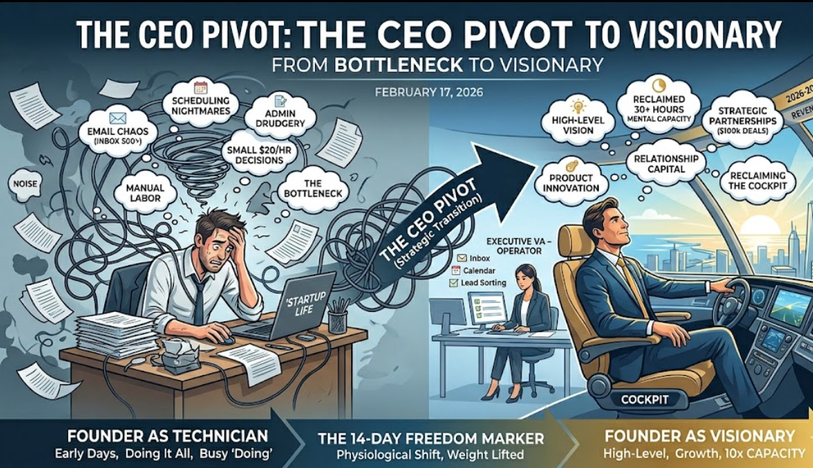 Infographic illustrating 'The CEO Pivot: From Bottleneck to Visionary' showing the transition from founder-as-technician to founder-as-visionary.