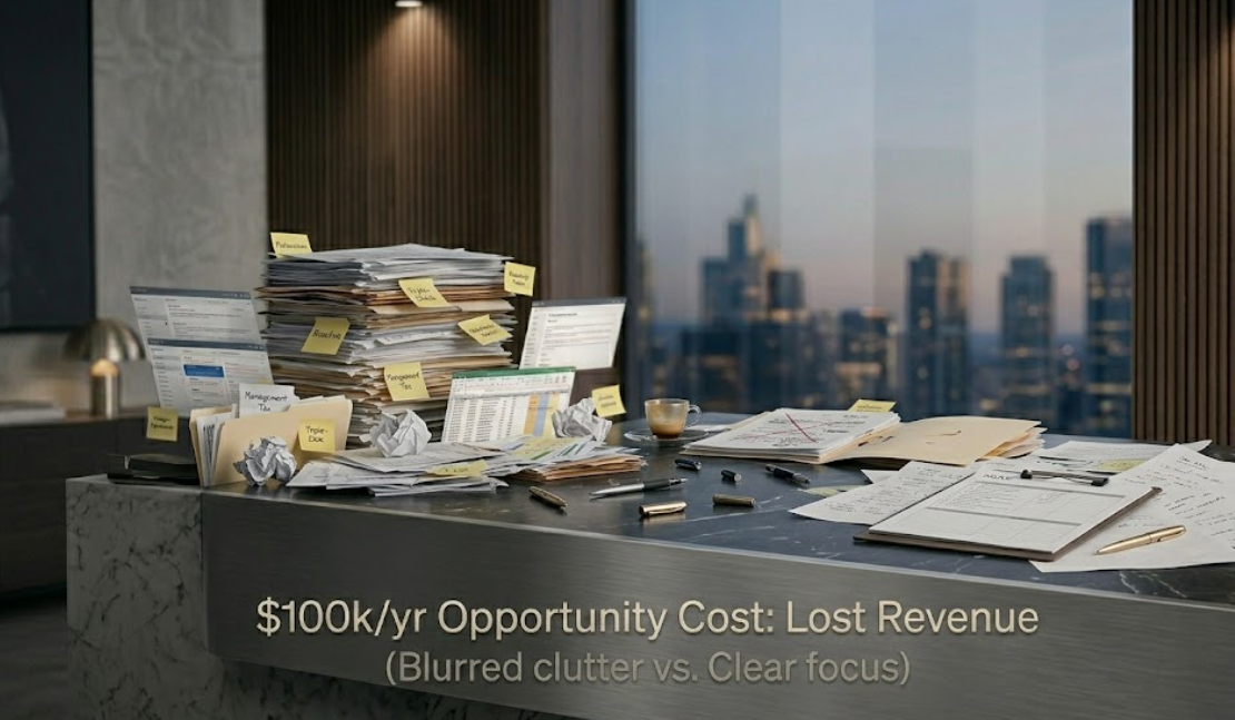 A cluttered executive desk showing the $100k/yr opportunity cost of lost revenue through blurred focus vs clear vision.