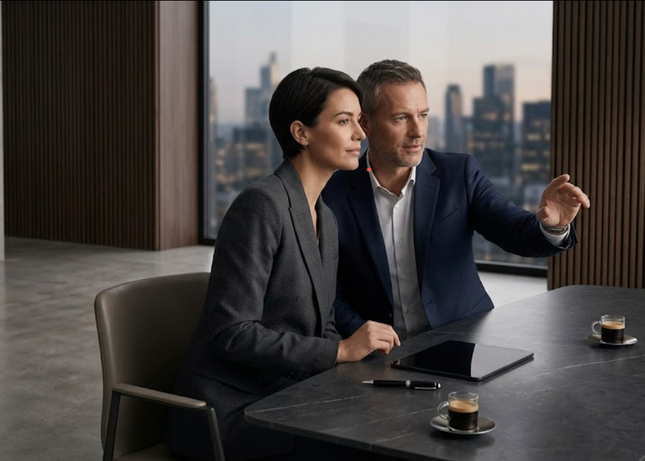 A founder and his Shadow CEO partner in deep strategic alignment within a high-end executive office.