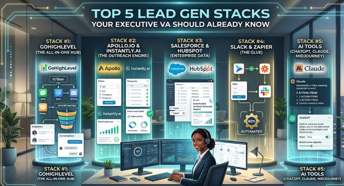 Infographic detailing the Top 5 Lead Gen Stacks: GoHighLevel, Apollo/Instantly, Salesforce/HubSpot, Slack/Zapier, and AI Tools