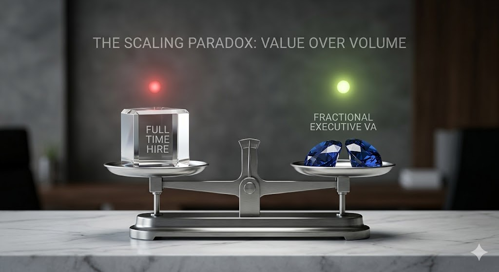 A symbolic scale comparing a 'Full Time Hire' block to 'Fractional Executive VA' diamonds, representing the Scaling Paradox.
