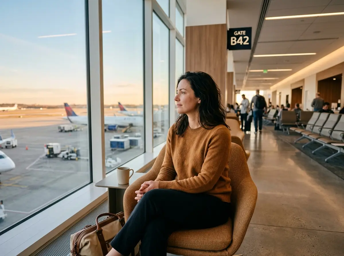 A traveler relaxed at an airport gate