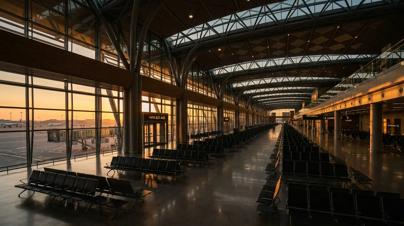 Empty airport terminal at golden hour