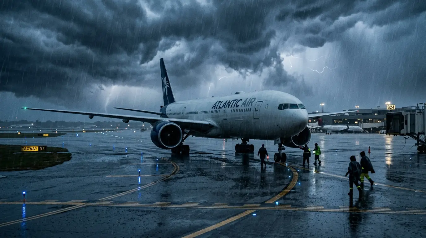 Aircraft on tarmac in heavy rain