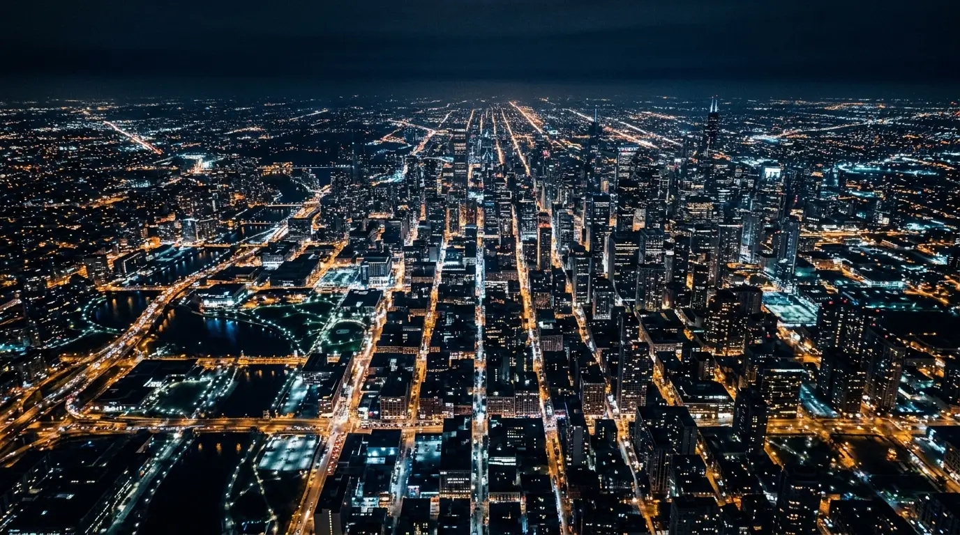 Overhead city grid at night