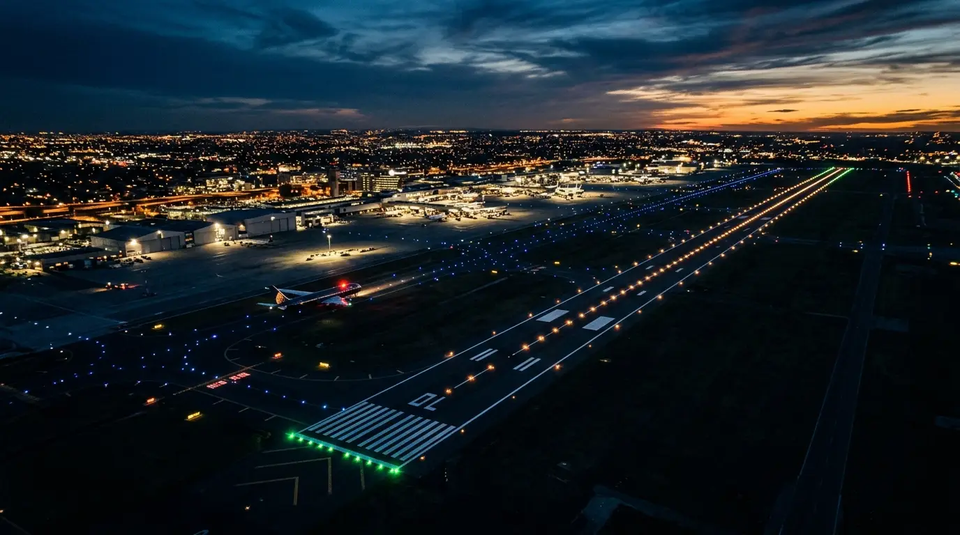 Aerial view of airport runway at dusk