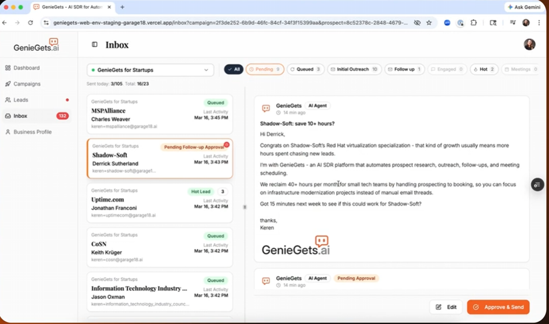 GenieGets AI SDR Dashboard