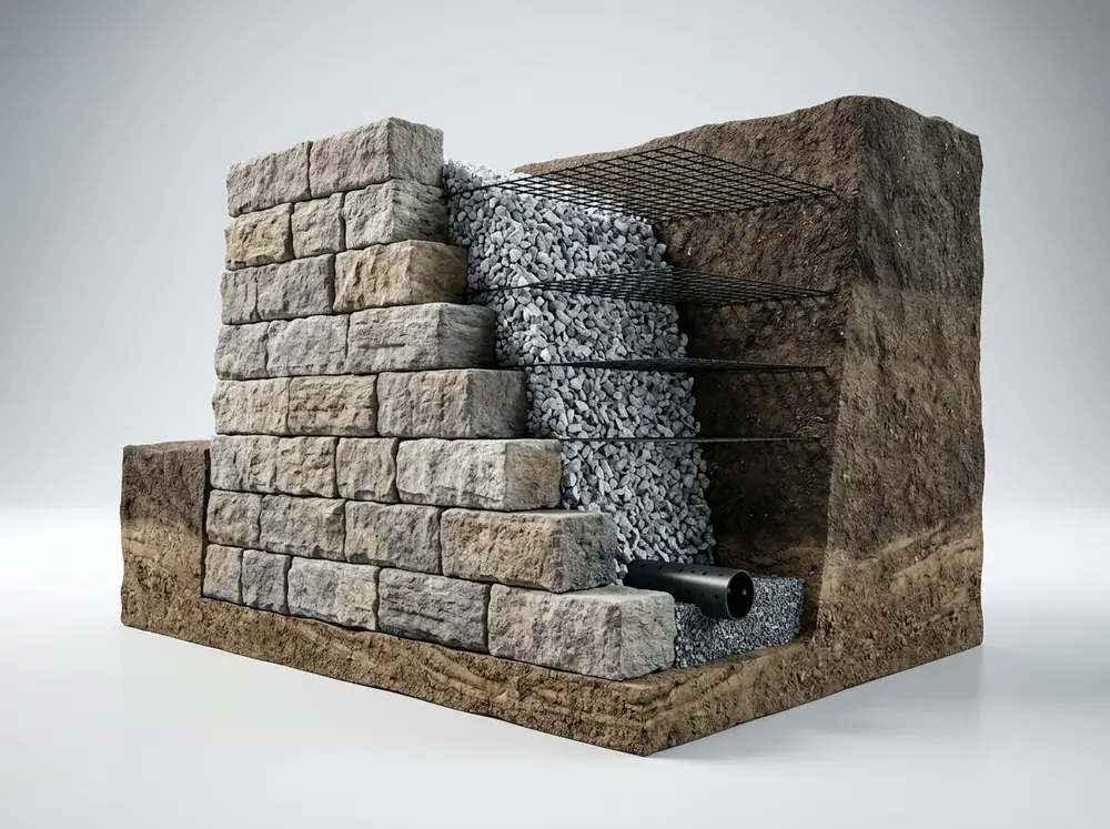 Detailed retaining wall engineering cross-section showing geogrid, drainage, and base layers