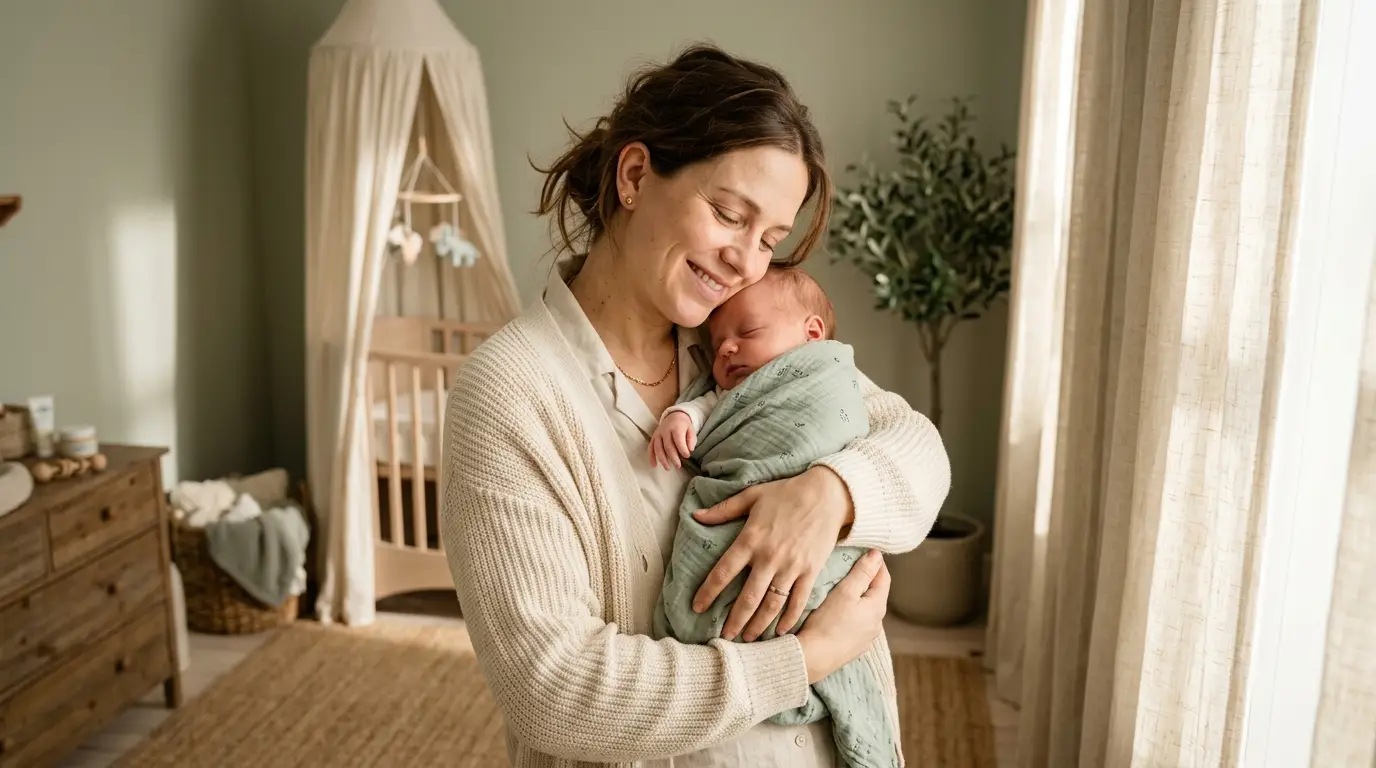 Mother gently holding sleeping baby