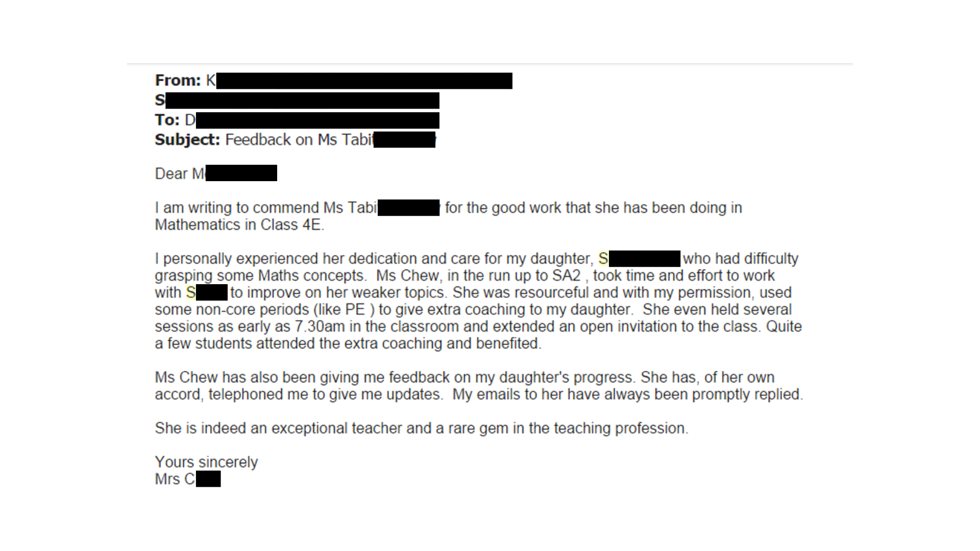 Email Testimony from Mdm S