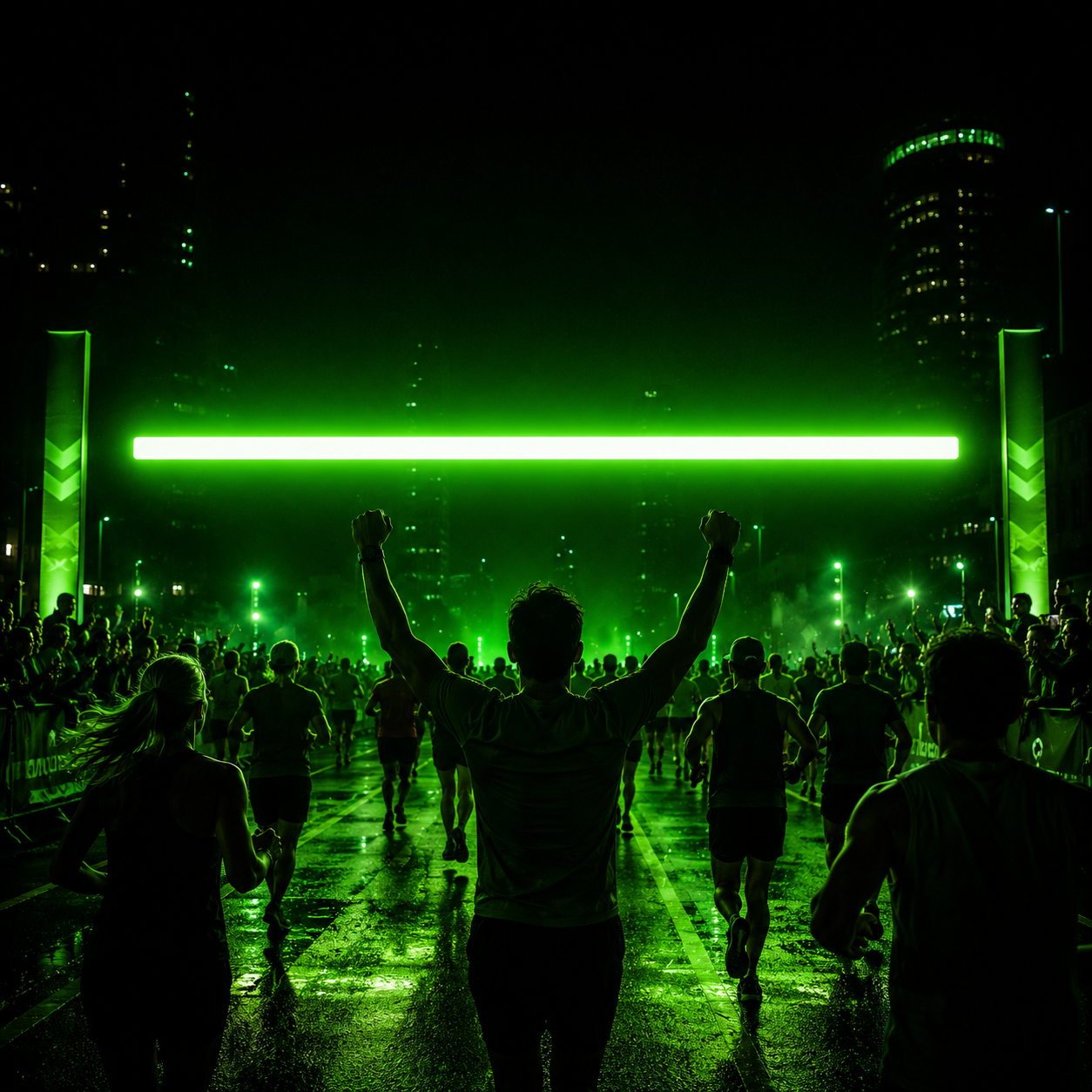 Marathon runners crossing glowing green finish line
