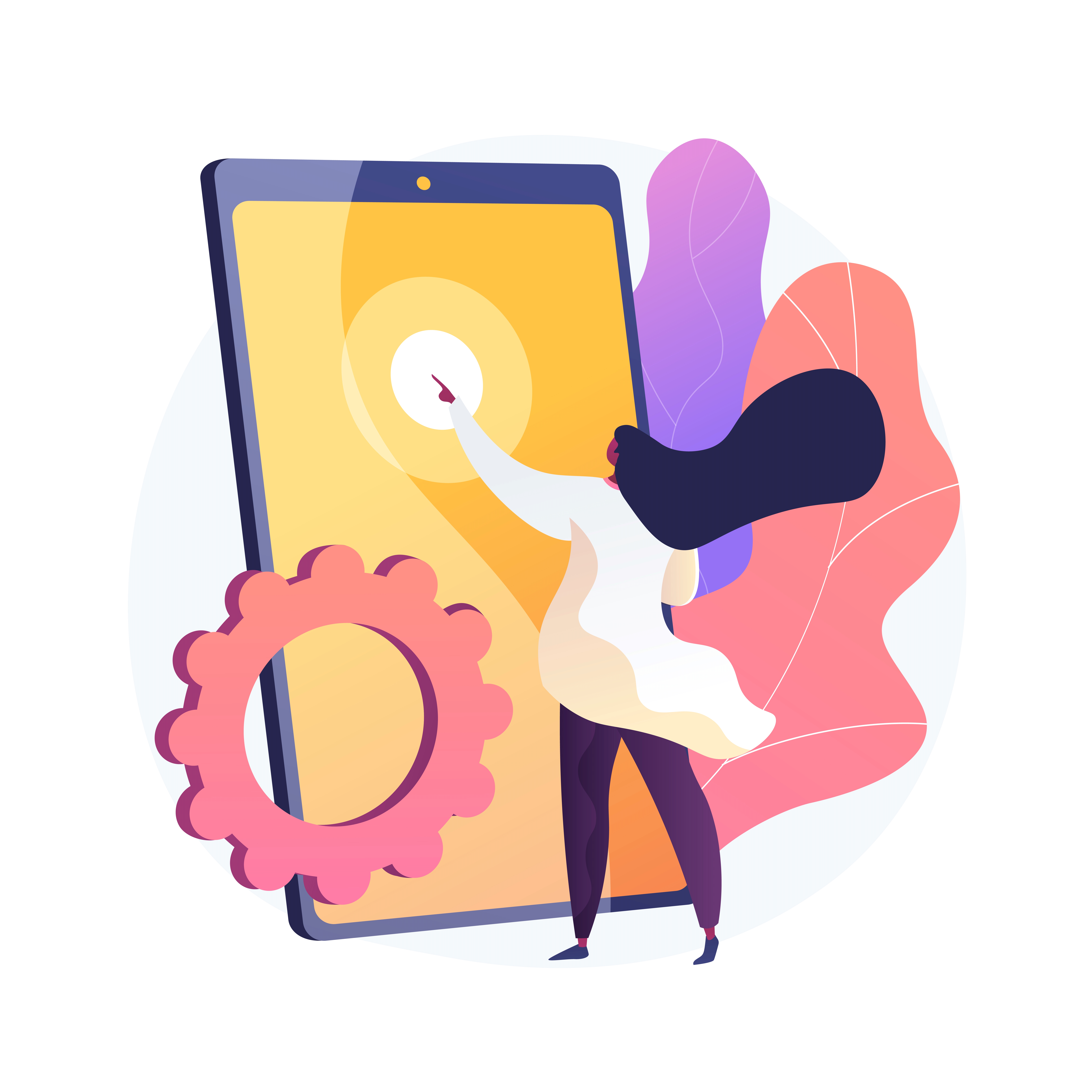 Illustrazione Mission TAPS: persona che muove ingranaggi verso un'app