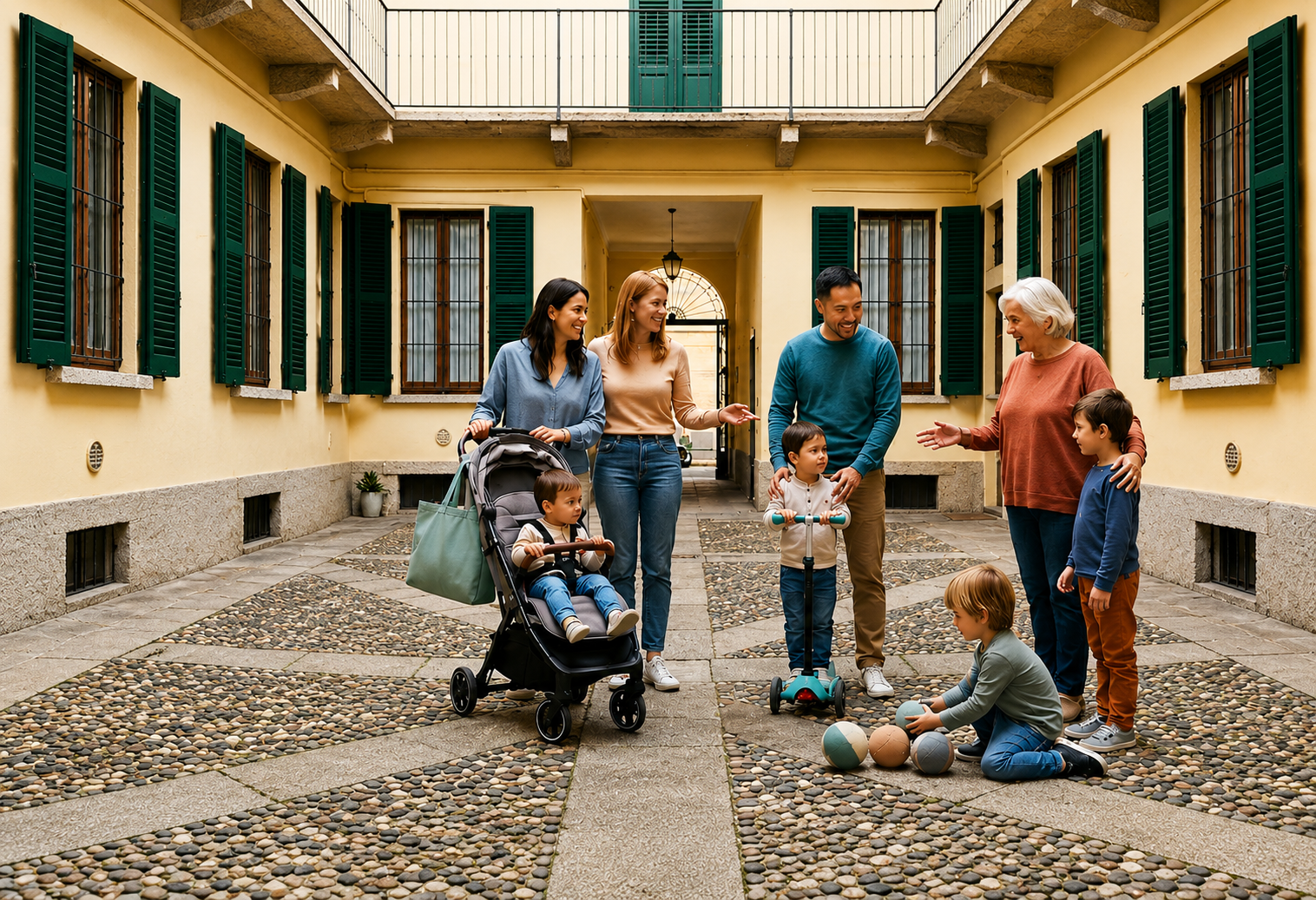 Famiglie Kindy che interagiscono nel quartiere