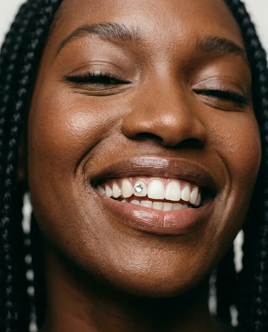Diverse beauty editorial close-up of a sparkling Swarovski tooth gem