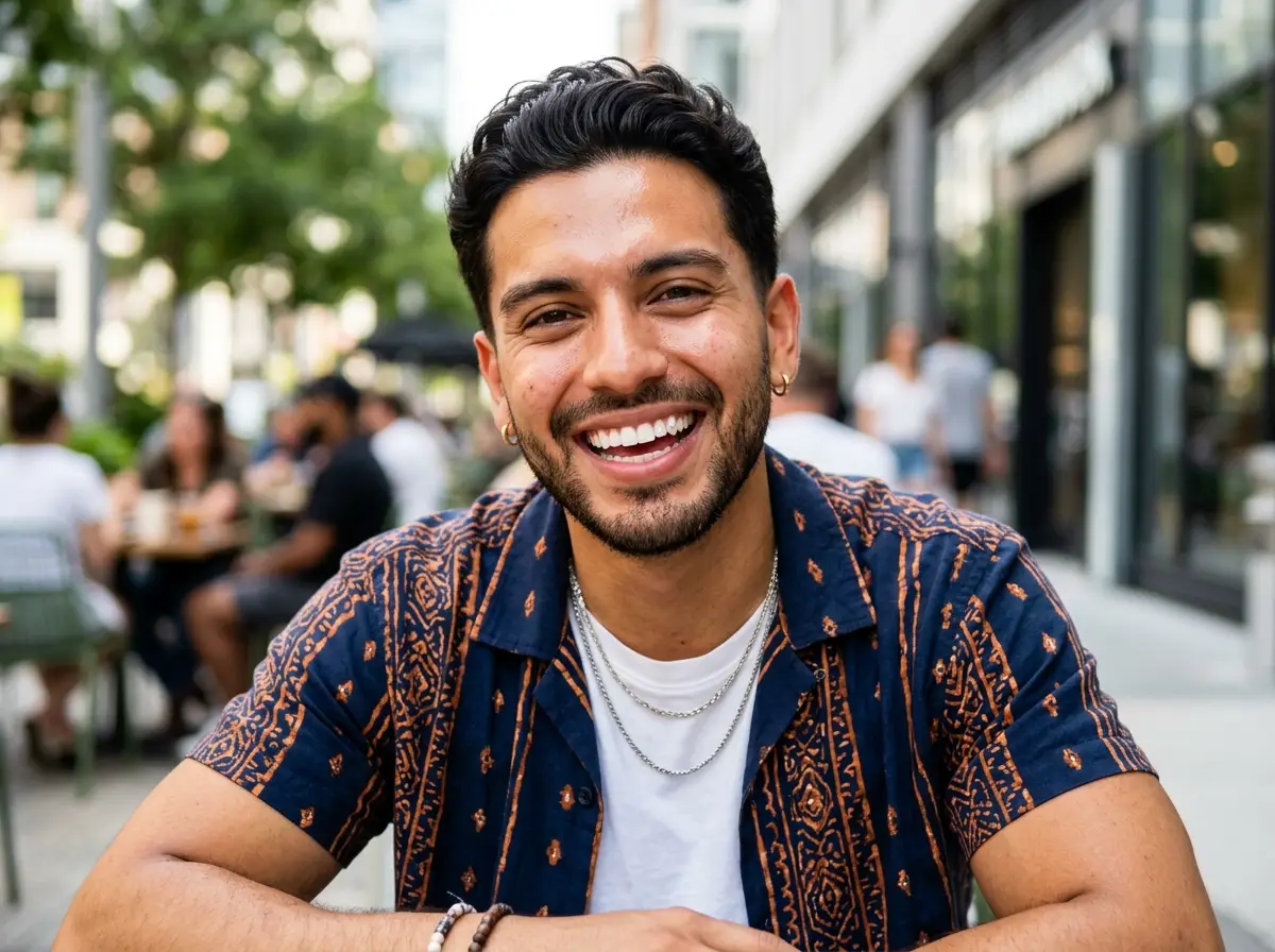 Diverse male smile with a tooth gem after braces