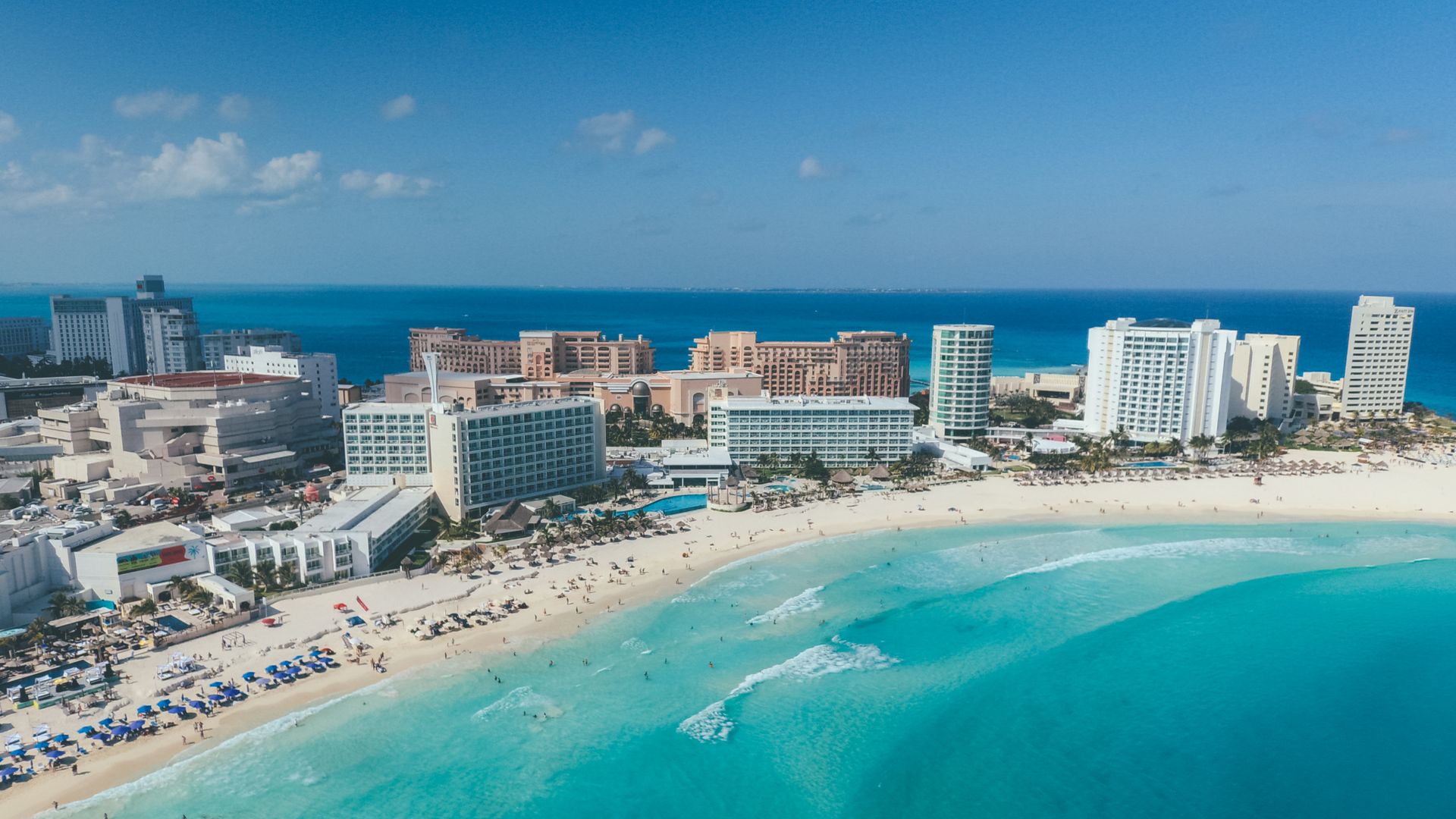 Aerial view of the beachfront hotels and Caribbean sea in Riviera Maya
