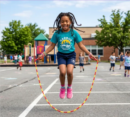 Elementary student jumping rope during fitness PE
