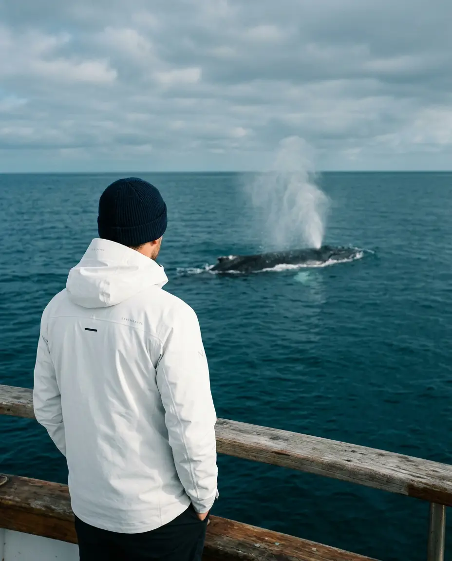 Persona che osserva una balena in mare aperto — un momento di connessione e respiro