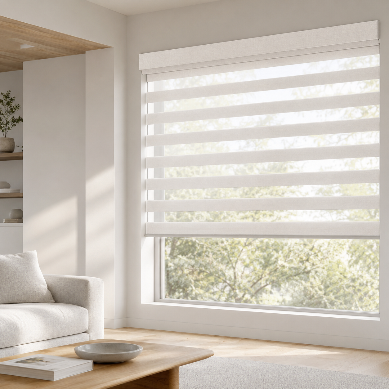 Zebra shade with bands aligned for filtered daylight in a modern living room