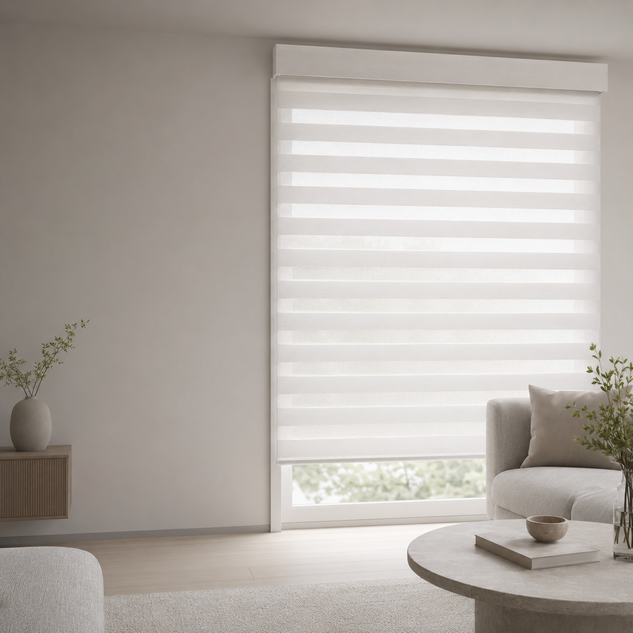 Zebra shade with layered fabric bands providing privacy in a calm interior