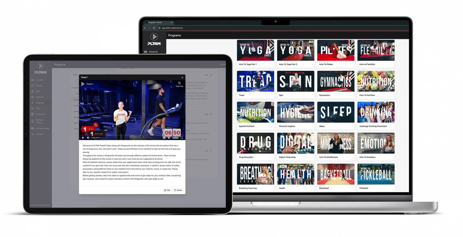 PLT4M content library showing 2000+ lessons and exercise videos across devices